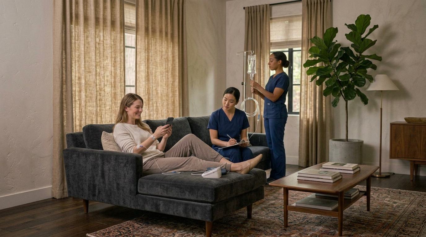 A client resting on a sofa mid-infusion while a nurse checks the drip