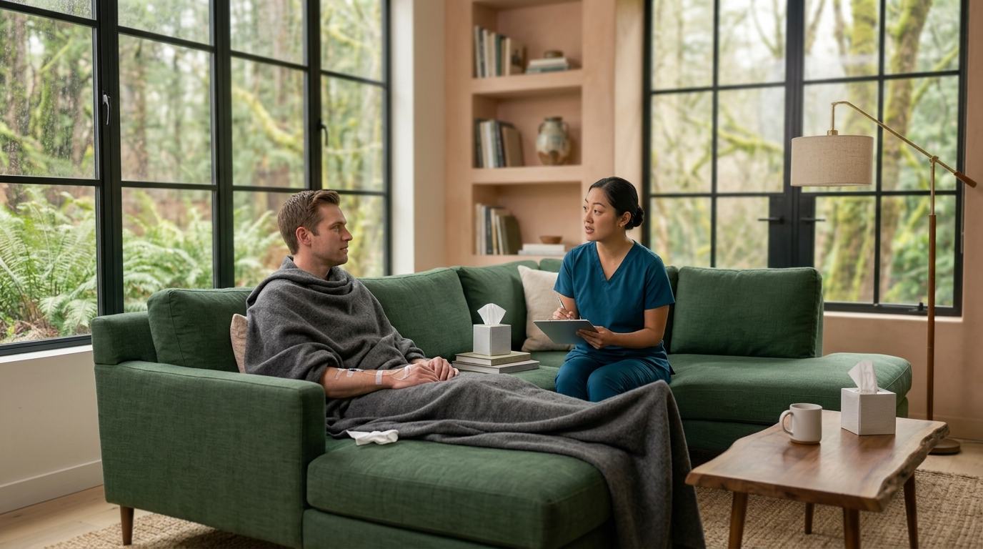 A nurse talking with a client resting under a blanket during a Cold and Flu infusion