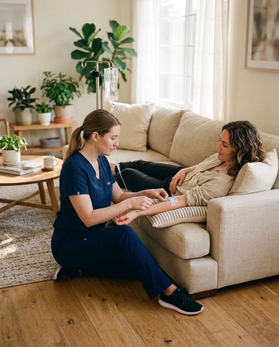 A nurse placing an IV line for a client relaxing on a sofa at home