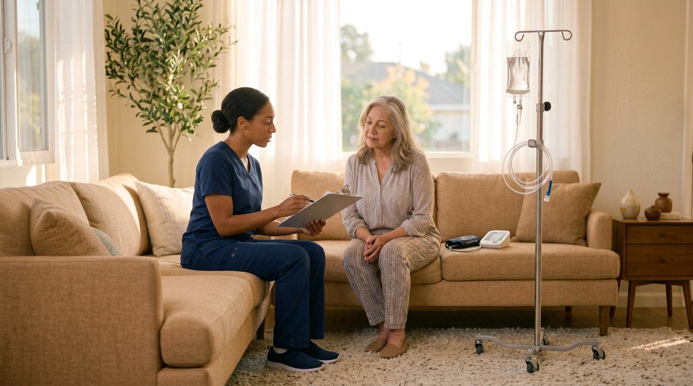 A nurse reviewing a lab report with a client before an iron infusion