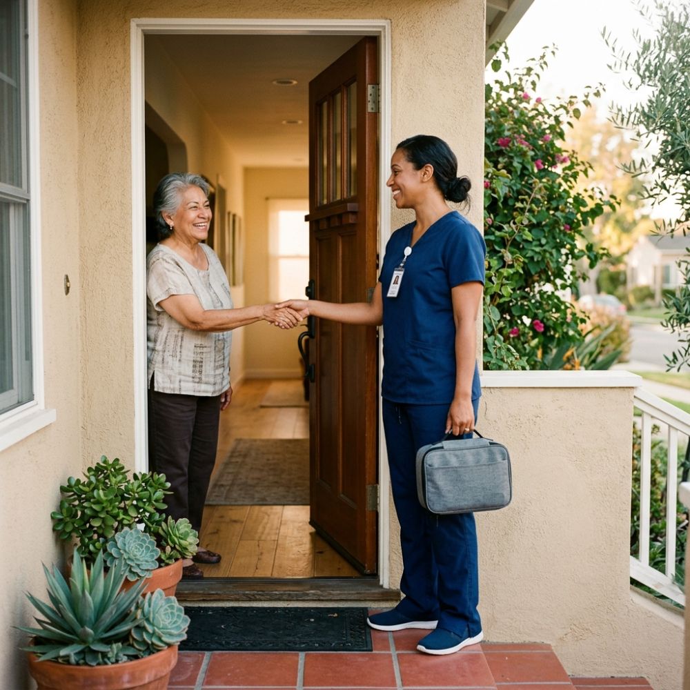 A nurse in navy scrubs greeting a client at her front door