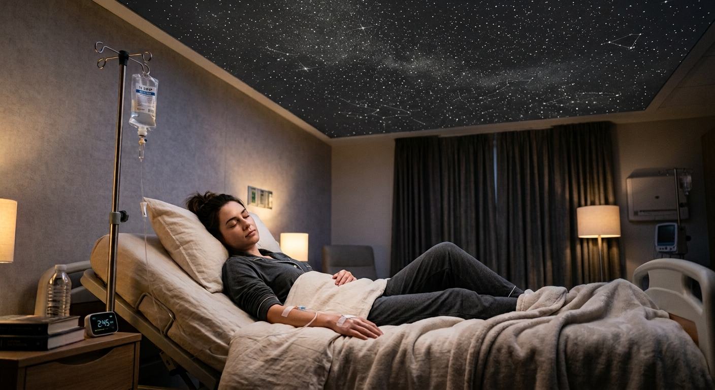 Client resting mid-infusion under a star-field ceiling