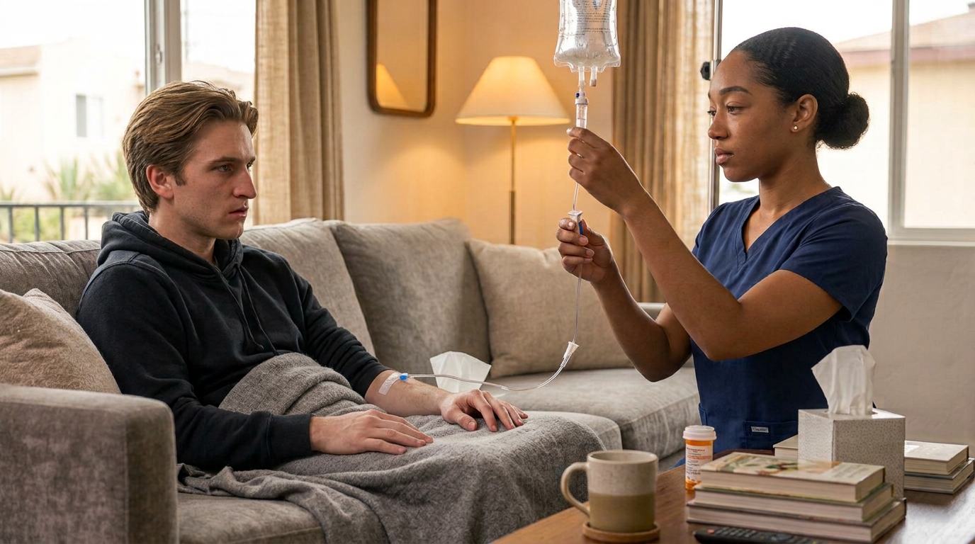 A nurse setting the drip rate for a client recovering on a sofa